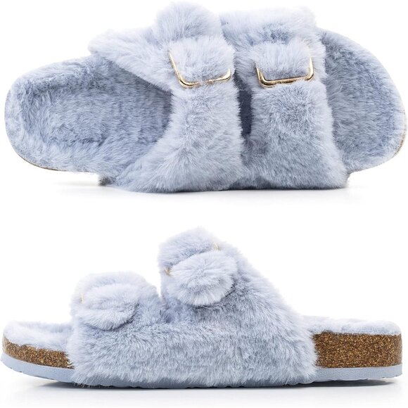 Women's Light Blue Cozy Lining Faux Rabbit Fur Cork Open Slipper Sandals Shoes - Picture 6 of 7